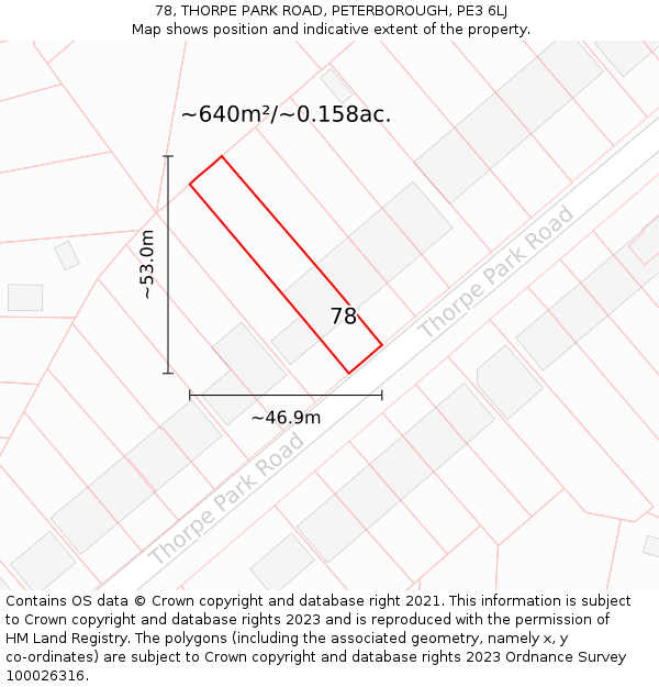 78, THORPE PARK ROAD, PETERBOROUGH, PE3 6LJ: Plot and title map