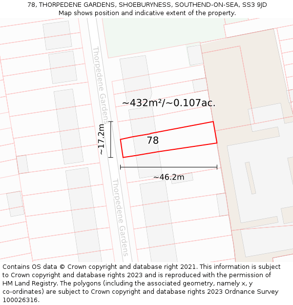 78, THORPEDENE GARDENS, SHOEBURYNESS, SOUTHEND-ON-SEA, SS3 9JD: Plot and title map