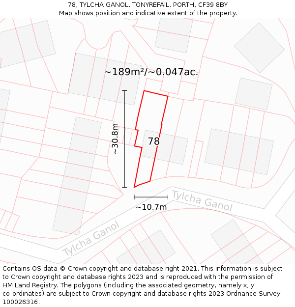 78, TYLCHA GANOL, TONYREFAIL, PORTH, CF39 8BY: Plot and title map