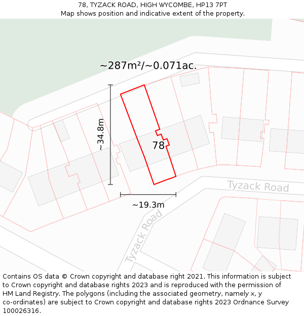 78, TYZACK ROAD, HIGH WYCOMBE, HP13 7PT: Plot and title map