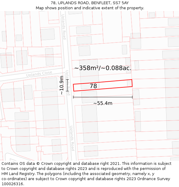 78, UPLANDS ROAD, BENFLEET, SS7 5AY: Plot and title map