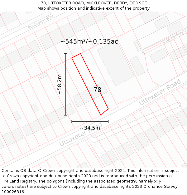 78, UTTOXETER ROAD, MICKLEOVER, DERBY, DE3 9GE: Plot and title map