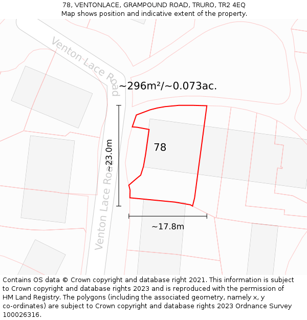78, VENTONLACE, GRAMPOUND ROAD, TRURO, TR2 4EQ: Plot and title map