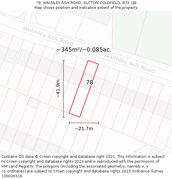 78, WALMLEY ASH ROAD, SUTTON COLDFIELD, B76 1JB: Plot and title map