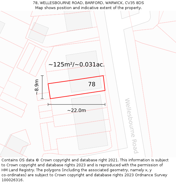 78, WELLESBOURNE ROAD, BARFORD, WARWICK, CV35 8DS: Plot and title map