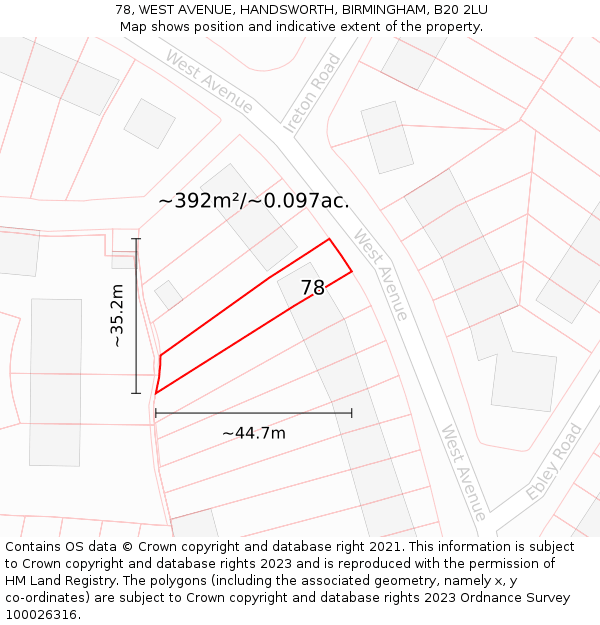 78, WEST AVENUE, HANDSWORTH, BIRMINGHAM, B20 2LU: Plot and title map