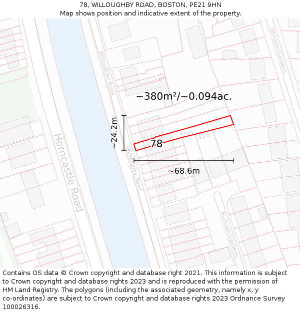 78, WILLOUGHBY ROAD, BOSTON, PE21 9HN: Plot and title map