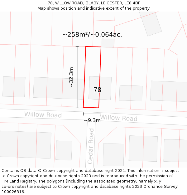 78, WILLOW ROAD, BLABY, LEICESTER, LE8 4BF: Plot and title map