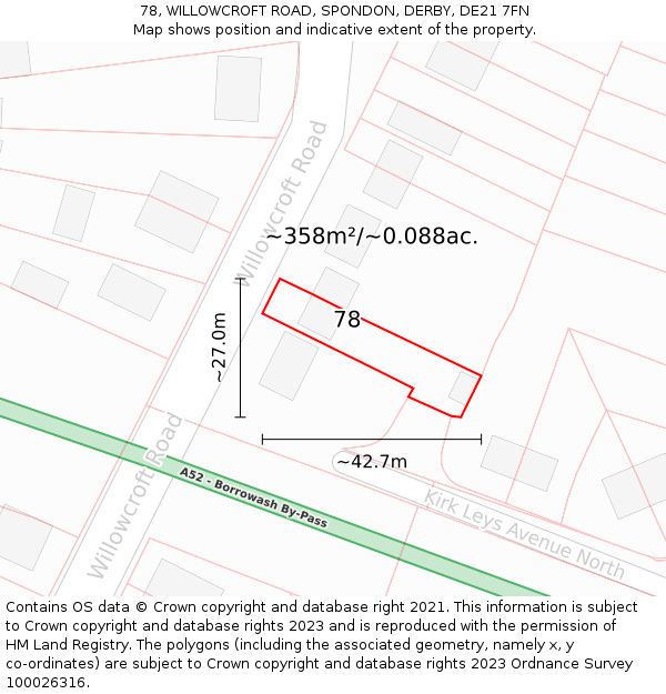 78, WILLOWCROFT ROAD, SPONDON, DERBY, DE21 7FN: Plot and title map