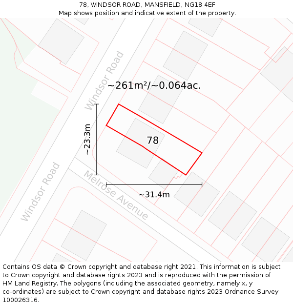 78, WINDSOR ROAD, MANSFIELD, NG18 4EF: Plot and title map