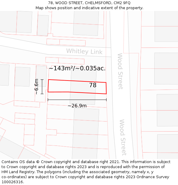 78, WOOD STREET, CHELMSFORD, CM2 9FQ: Plot and title map