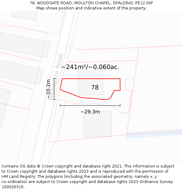 78, WOODGATE ROAD, MOULTON CHAPEL, SPALDING, PE12 0XF: Plot and title map