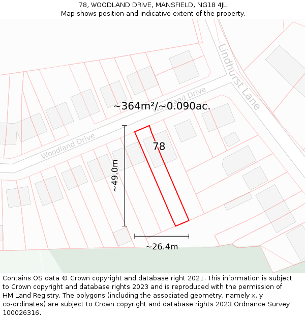 78, WOODLAND DRIVE, MANSFIELD, NG18 4JL: Plot and title map