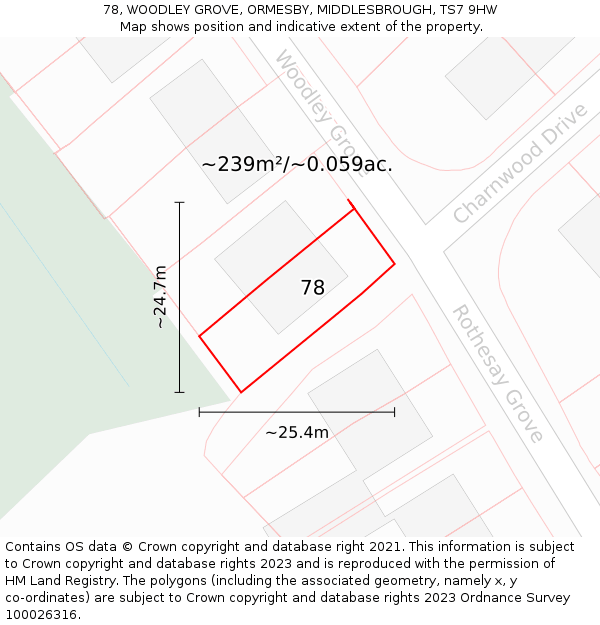 78, WOODLEY GROVE, ORMESBY, MIDDLESBROUGH, TS7 9HW: Plot and title map