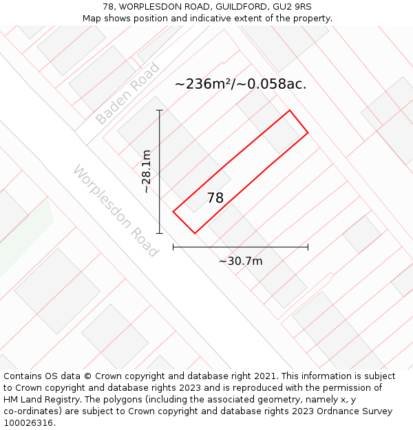 78, WORPLESDON ROAD, GUILDFORD, GU2 9RS: Plot and title map