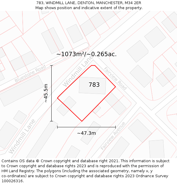 783, WINDMILL LANE, DENTON, MANCHESTER, M34 2ER: Plot and title map