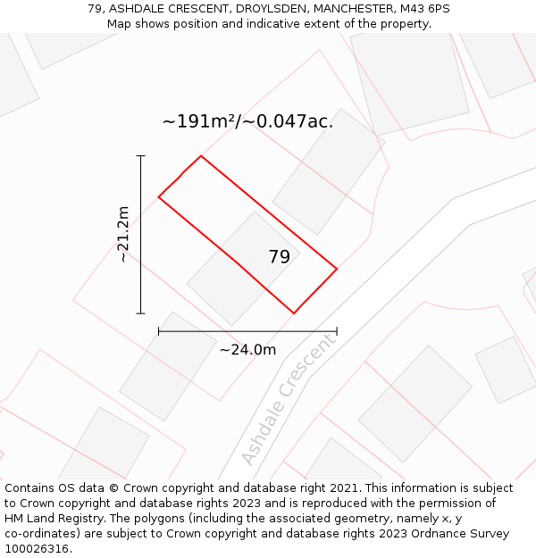 79, ASHDALE CRESCENT, DROYLSDEN, MANCHESTER, M43 6PS: Plot and title map