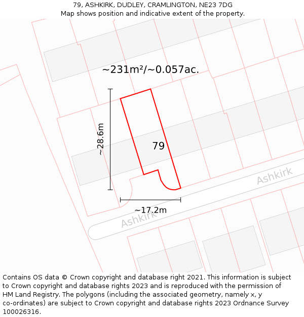 79, ASHKIRK, DUDLEY, CRAMLINGTON, NE23 7DG: Plot and title map