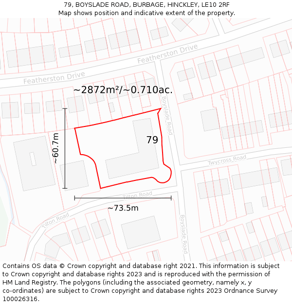 79, BOYSLADE ROAD, BURBAGE, HINCKLEY, LE10 2RF: Plot and title map