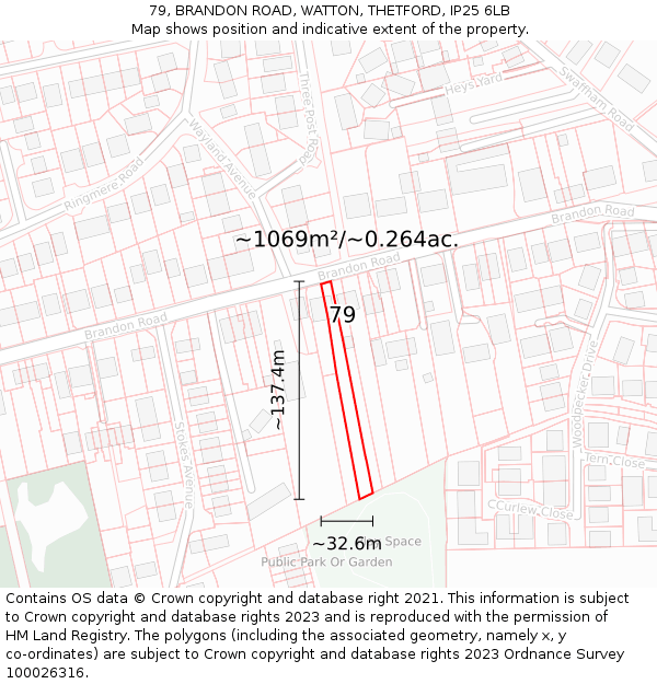 79, BRANDON ROAD, WATTON, THETFORD, IP25 6LB: Plot and title map