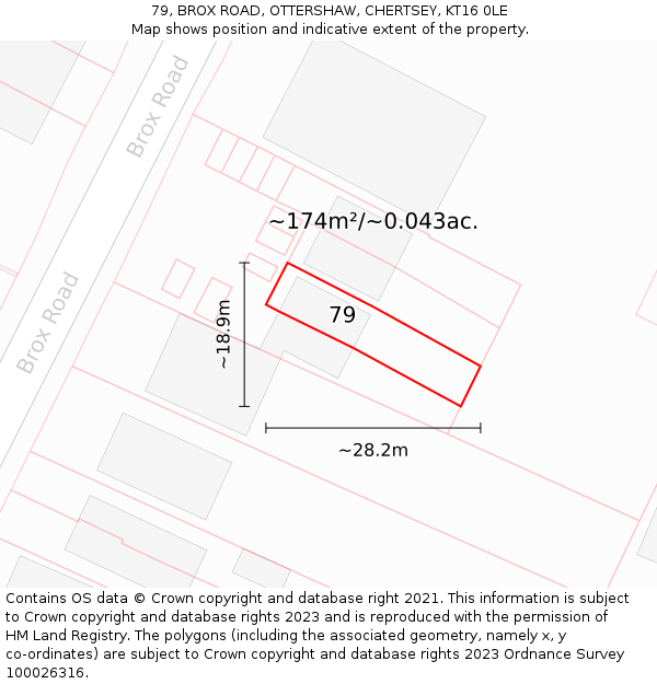 79, BROX ROAD, OTTERSHAW, CHERTSEY, KT16 0LE: Plot and title map