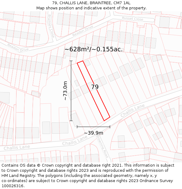 79, CHALLIS LANE, BRAINTREE, CM7 1AL: Plot and title map