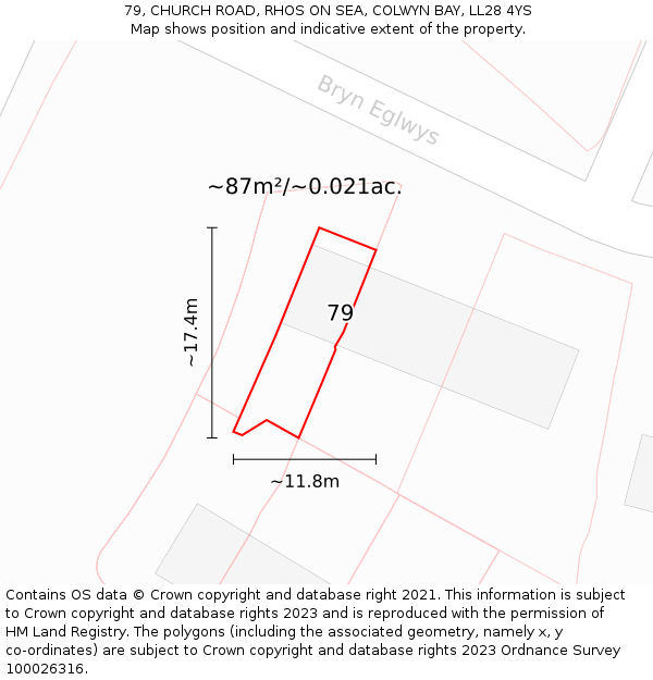 79, CHURCH ROAD, RHOS ON SEA, COLWYN BAY, LL28 4YS: Plot and title map