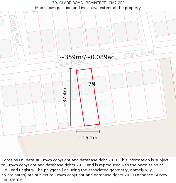 79, CLARE ROAD, BRAINTREE, CM7 2PF: Plot and title map
