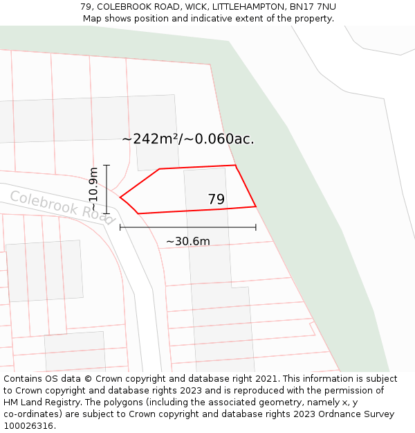 79, COLEBROOK ROAD, WICK, LITTLEHAMPTON, BN17 7NU: Plot and title map