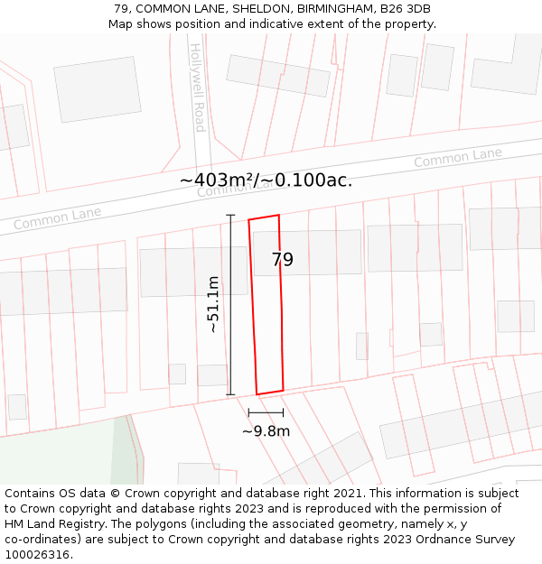 79, COMMON LANE, SHELDON, BIRMINGHAM, B26 3DB: Plot and title map