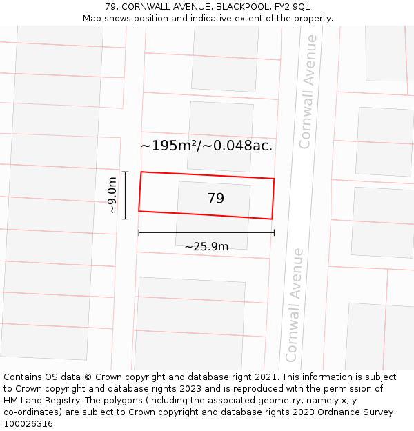 79, CORNWALL AVENUE, BLACKPOOL, FY2 9QL: Plot and title map