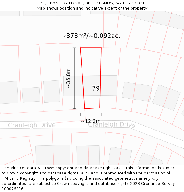 79, CRANLEIGH DRIVE, BROOKLANDS, SALE, M33 3PT: Plot and title map