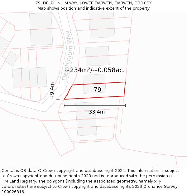 79, DELPHINIUM WAY, LOWER DARWEN, DARWEN, BB3 0SX: Plot and title map