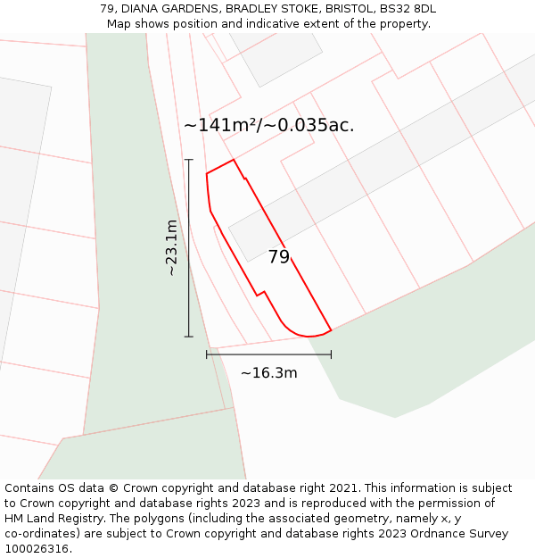 79, DIANA GARDENS, BRADLEY STOKE, BRISTOL, BS32 8DL: Plot and title map