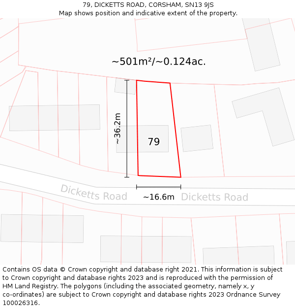 79, DICKETTS ROAD, CORSHAM, SN13 9JS: Plot and title map
