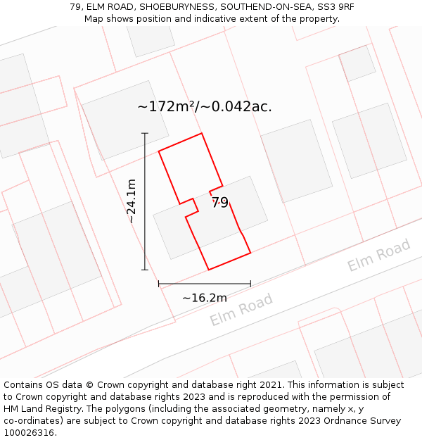 79, ELM ROAD, SHOEBURYNESS, SOUTHEND-ON-SEA, SS3 9RF: Plot and title map