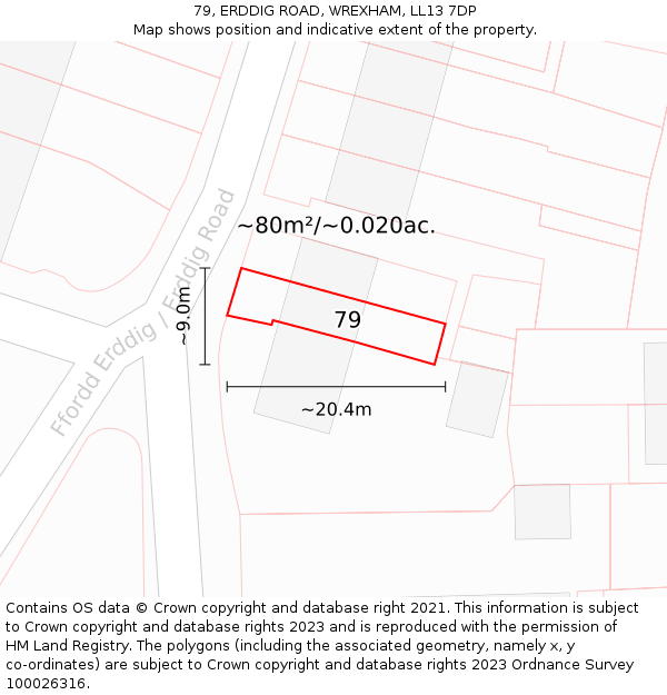 79, ERDDIG ROAD, WREXHAM, LL13 7DP: Plot and title map