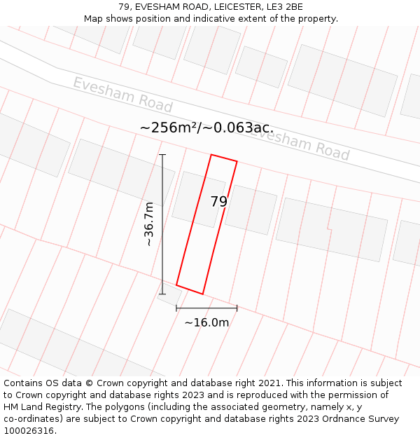 79, EVESHAM ROAD, LEICESTER, LE3 2BE: Plot and title map