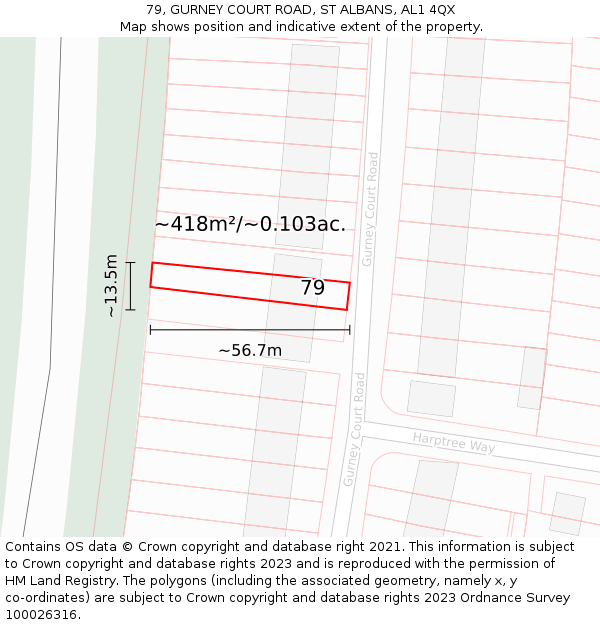 79, GURNEY COURT ROAD, ST ALBANS, AL1 4QX: Plot and title map