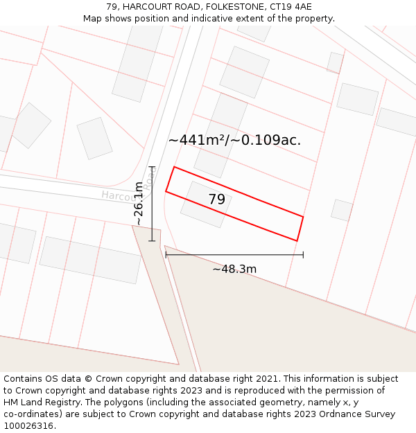 79, HARCOURT ROAD, FOLKESTONE, CT19 4AE: Plot and title map