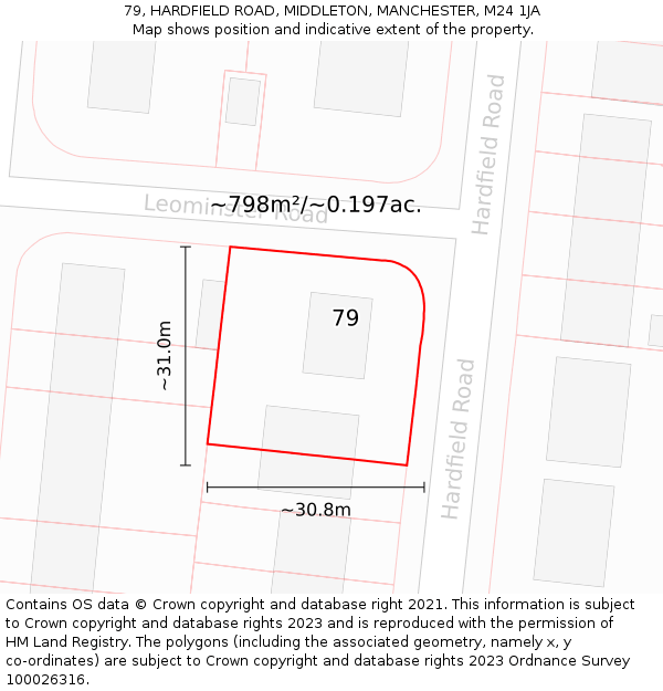 79, HARDFIELD ROAD, MIDDLETON, MANCHESTER, M24 1JA: Plot and title map