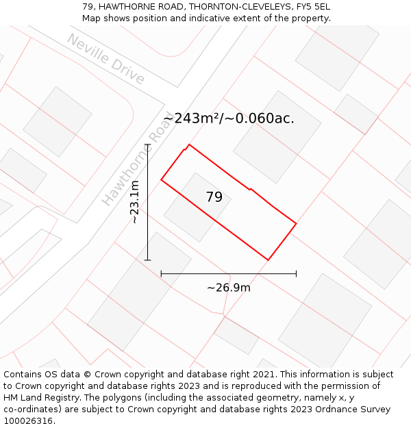 79, HAWTHORNE ROAD, THORNTON-CLEVELEYS, FY5 5EL: Plot and title map