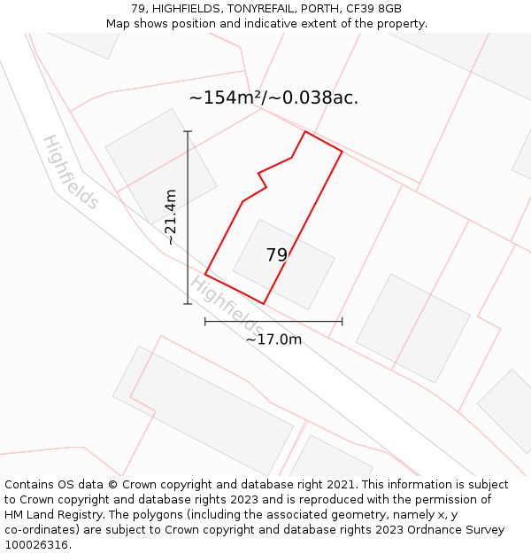 79, HIGHFIELDS, TONYREFAIL, PORTH, CF39 8GB: Plot and title map