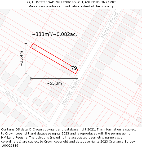 79, HUNTER ROAD, WILLESBOROUGH, ASHFORD, TN24 0RT: Plot and title map