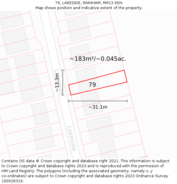 79, LAKESIDE, RAINHAM, RM13 9SN: Plot and title map