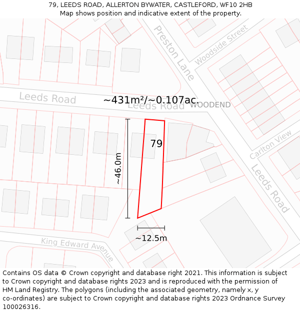 79, LEEDS ROAD, ALLERTON BYWATER, CASTLEFORD, WF10 2HB: Plot and title map