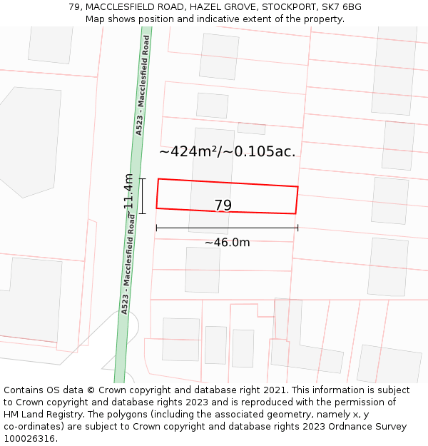79, MACCLESFIELD ROAD, HAZEL GROVE, STOCKPORT, SK7 6BG: Plot and title map