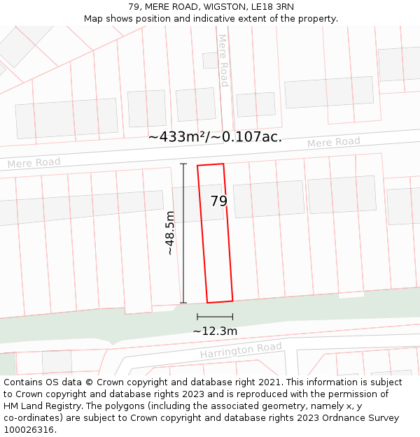 79, MERE ROAD, WIGSTON, LE18 3RN: Plot and title map