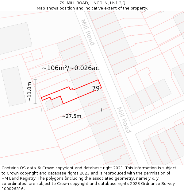 79, MILL ROAD, LINCOLN, LN1 3JQ: Plot and title map