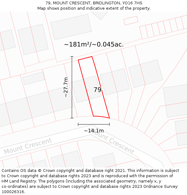 79, MOUNT CRESCENT, BRIDLINGTON, YO16 7HS: Plot and title map